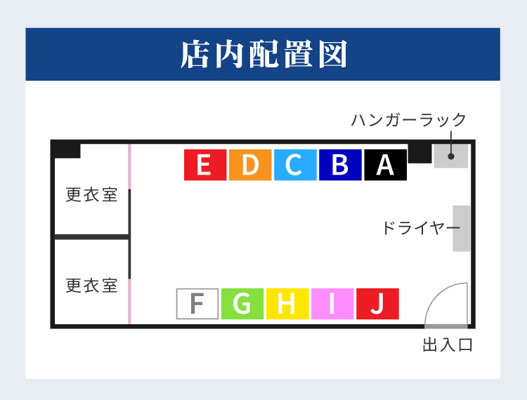 店内配置図。更衣室・ドライヤー・ブースの位置。
