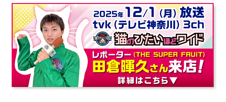 tvk『猫のひたいほどワイド』12/1放送、田倉暉久さん来店告知バナー